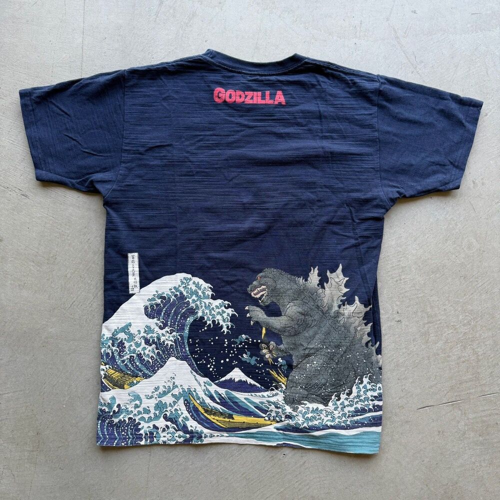 GODZILLA x TOHO Mens XL Shirt Blue Tanagawa GREAT WAVE x JAPANESE Movie Fan